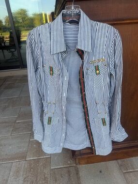 COOGI Navy and White Striped Button-Up Shirt Jacket with Green Red Accents